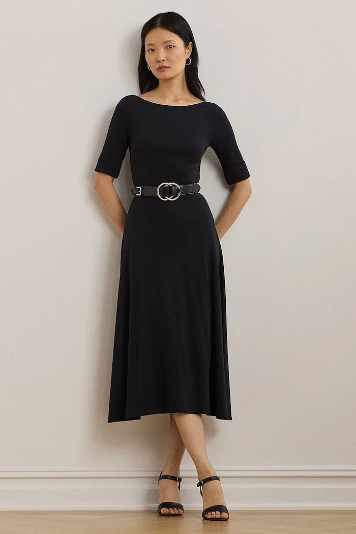 Lauren Ralph Lauren kiszélesedő ruha pamuttal háromnegyedes fekete 200973599