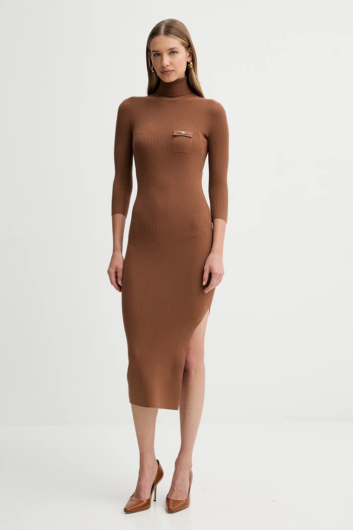 Šaty s příměsí hedvábí Elisabetta Franchi AM23B56E2 hnědá AW25