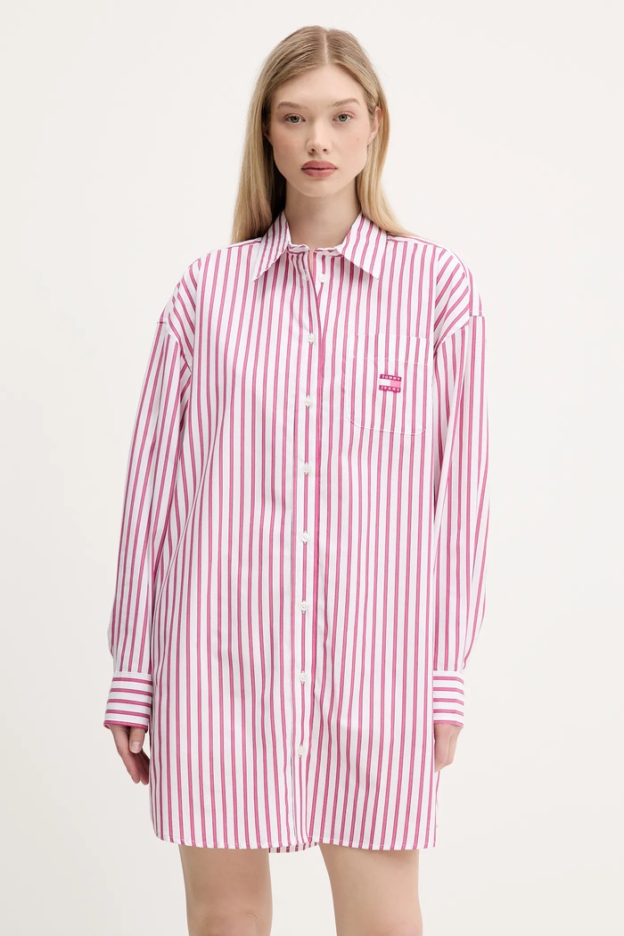 Bavlněné šaty Tommy Jeans mini růžová DW0DW21122