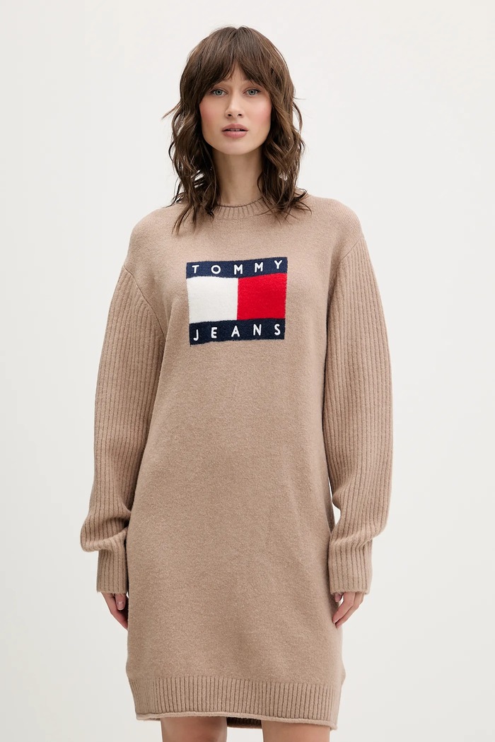 Tommy Jeans Rochie din amestec de lână bej DW0DW21462