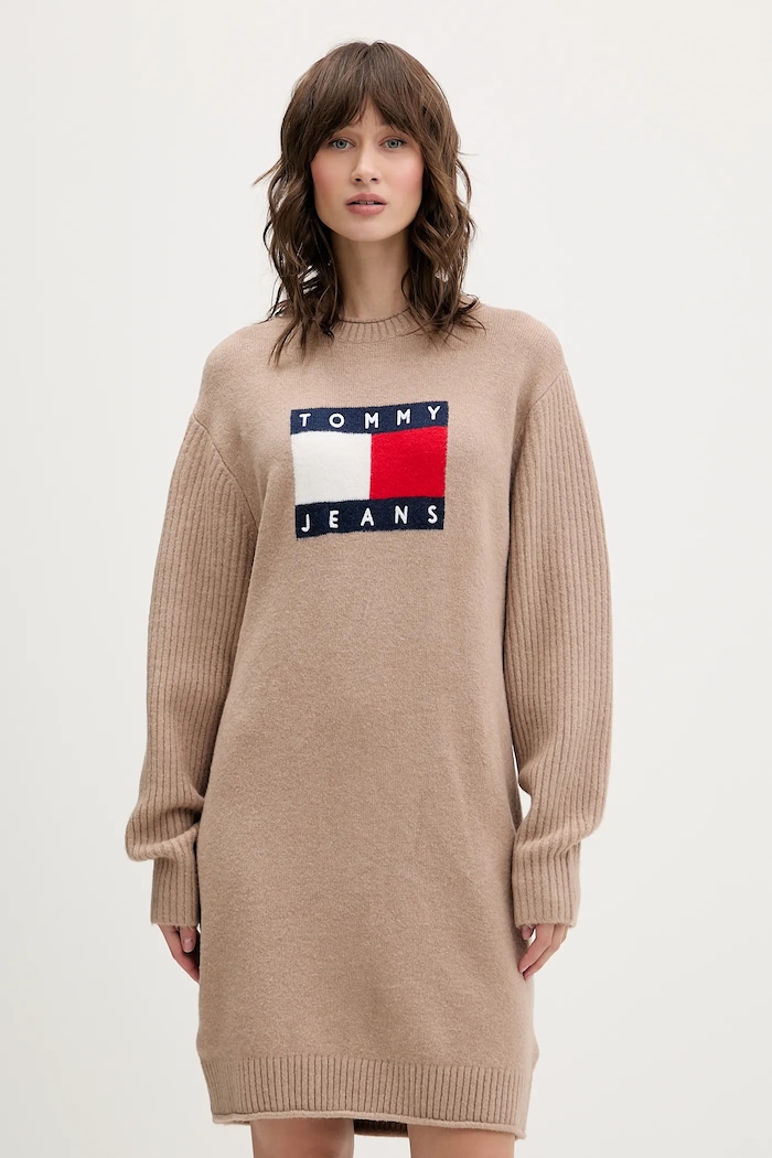 Tommy Jeans Rochie din amestec de lână bej DW0DW21462
