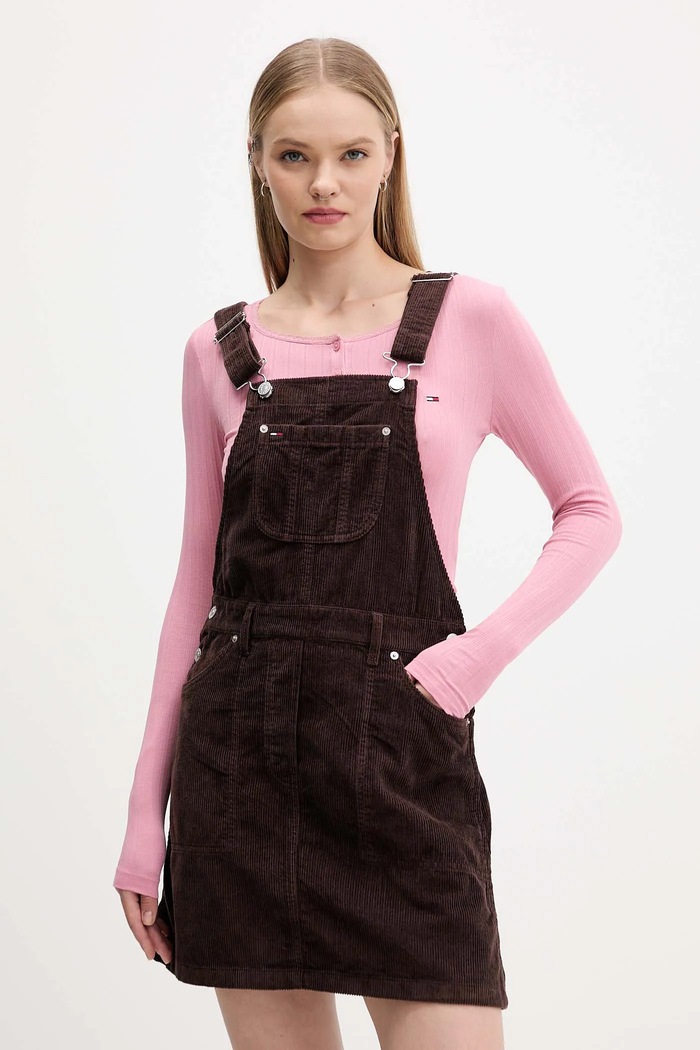 Tommy Jeans sukienka sztruksowa bawełna brązowy DW0DW21494