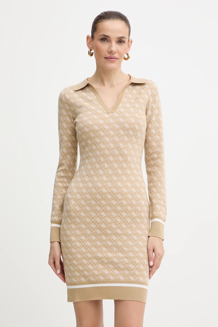 Guess sukienka z domieszką wełny AUBREY długi beżowy W5BK25.Z3JD2