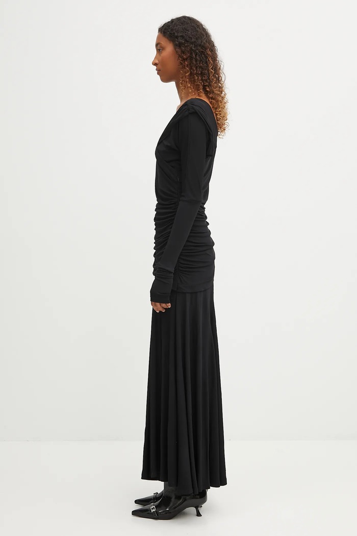 GANNI rochie Interlock Jersey Crossover Ruched Long T4213 negru AW25