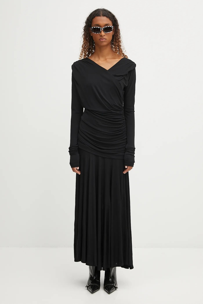 GANNI rochie Interlock Jersey Crossover Ruched Long T4213 negru