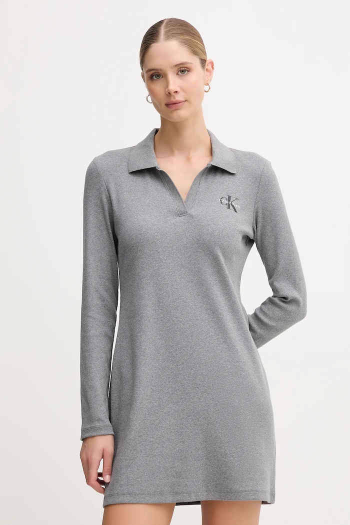 Calvin Klein Jeans rochie din bumbac cu elastan cu guler gri LV047D214G