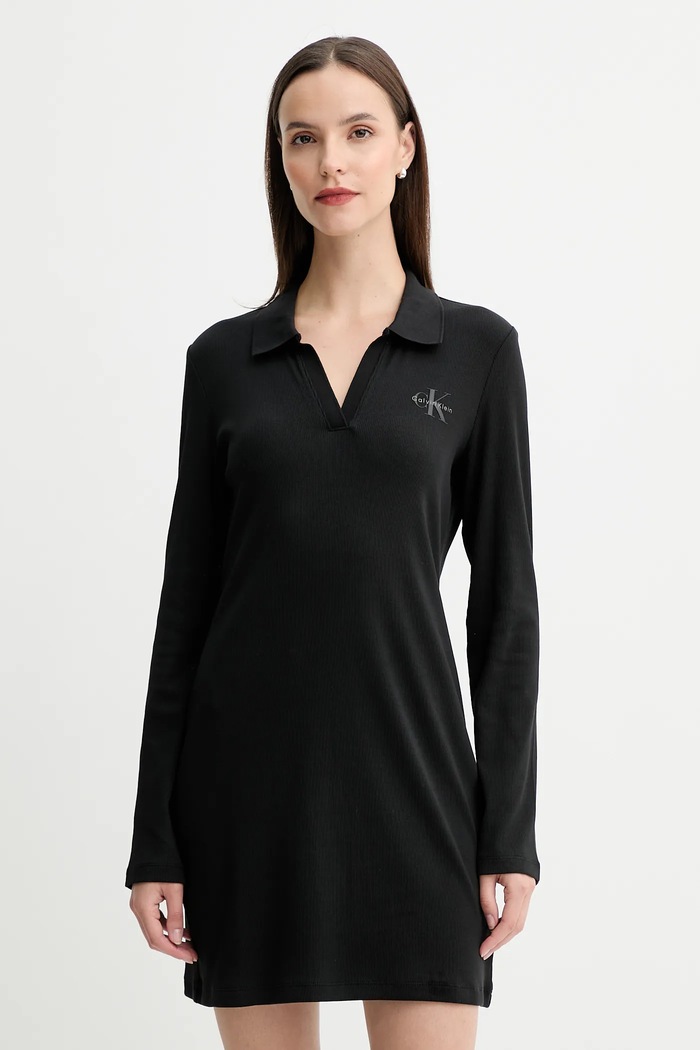 Calvin Klein Jeans rochie din bumbac cu elastan cu guler negru LV047D214G
