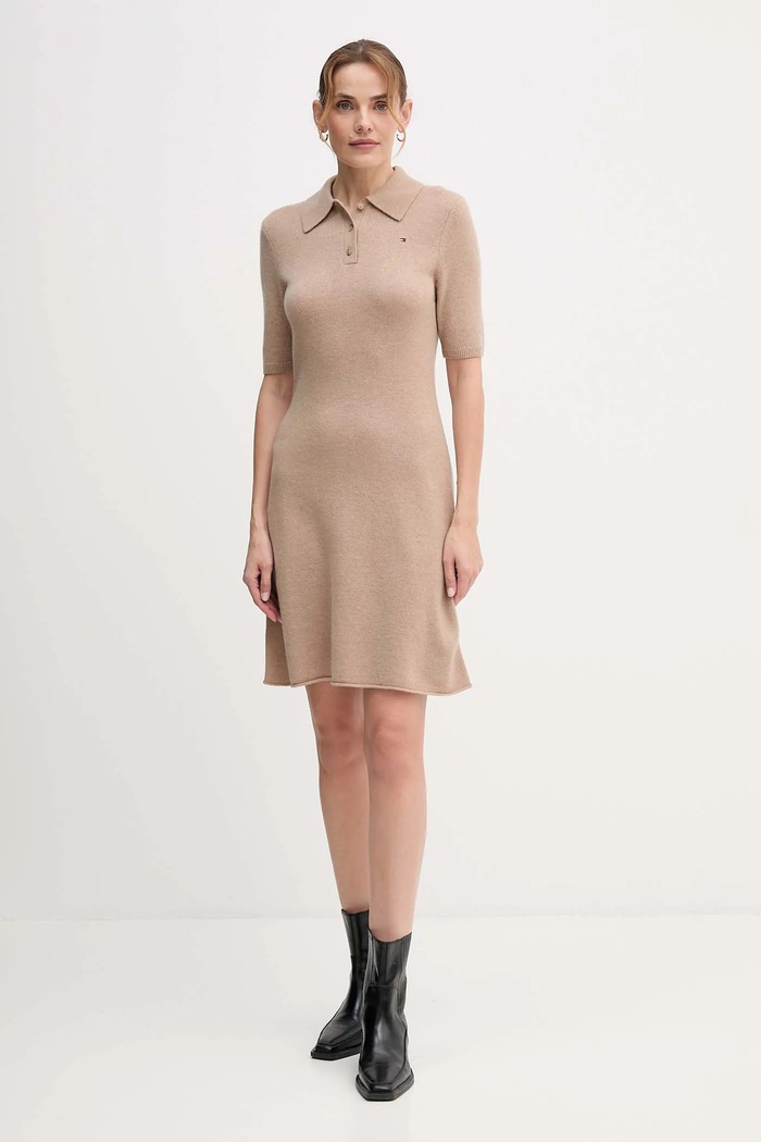 Vlnené šaty Tommy Hilfiger WW0WW46436 béžová AW25