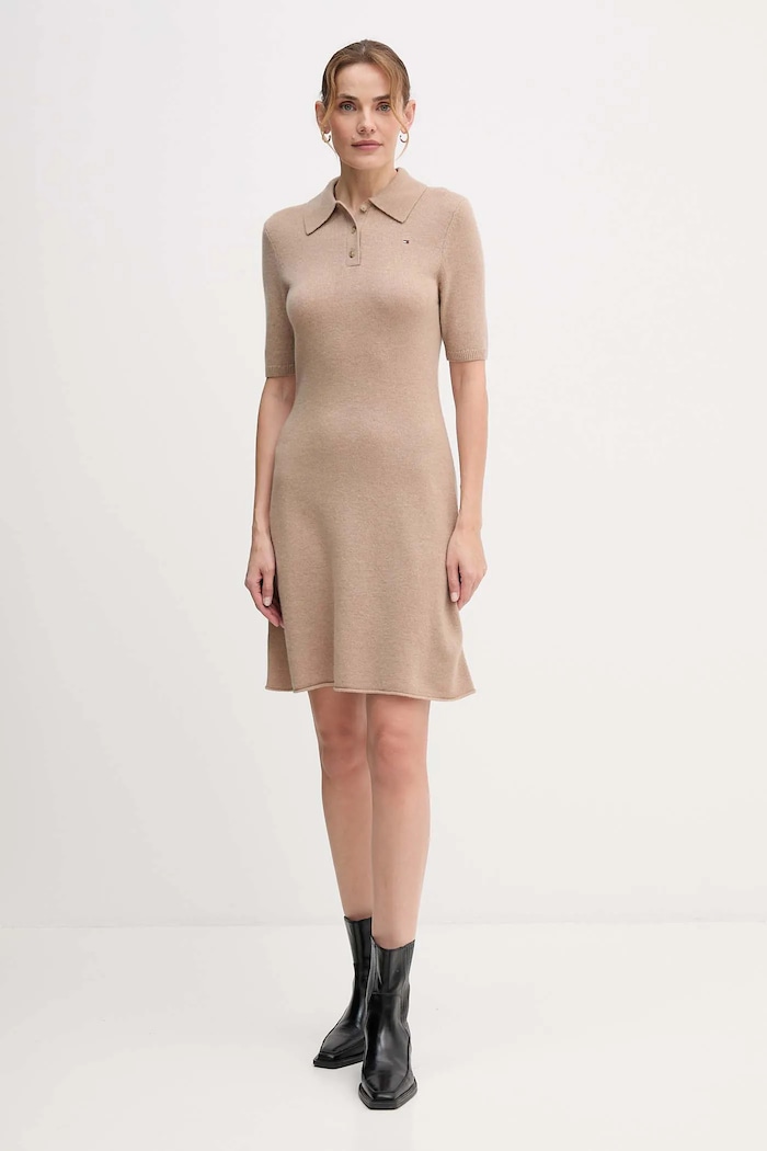 Vlnené šaty Tommy Hilfiger WW0WW46436 béžová AW25