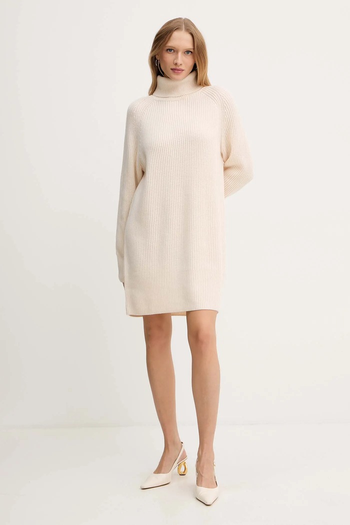 Μάλλινο φόρεμα BOSS Dalessandra 50548795 μπεζ AW25