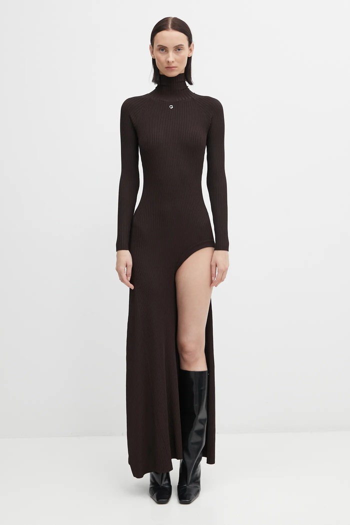 Φόρεμα Coperni Leg Cut-Out Rib Gown βισκόζη καφέ COPML155Y3011