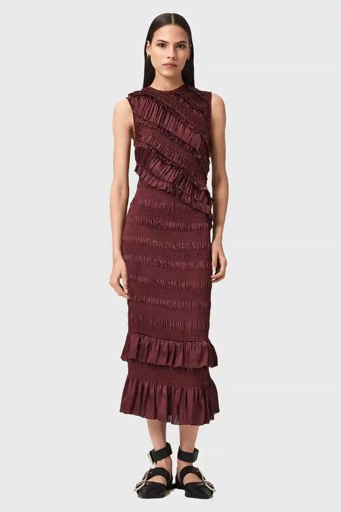 AllSaints rochie NYLA midi rosu W034DD