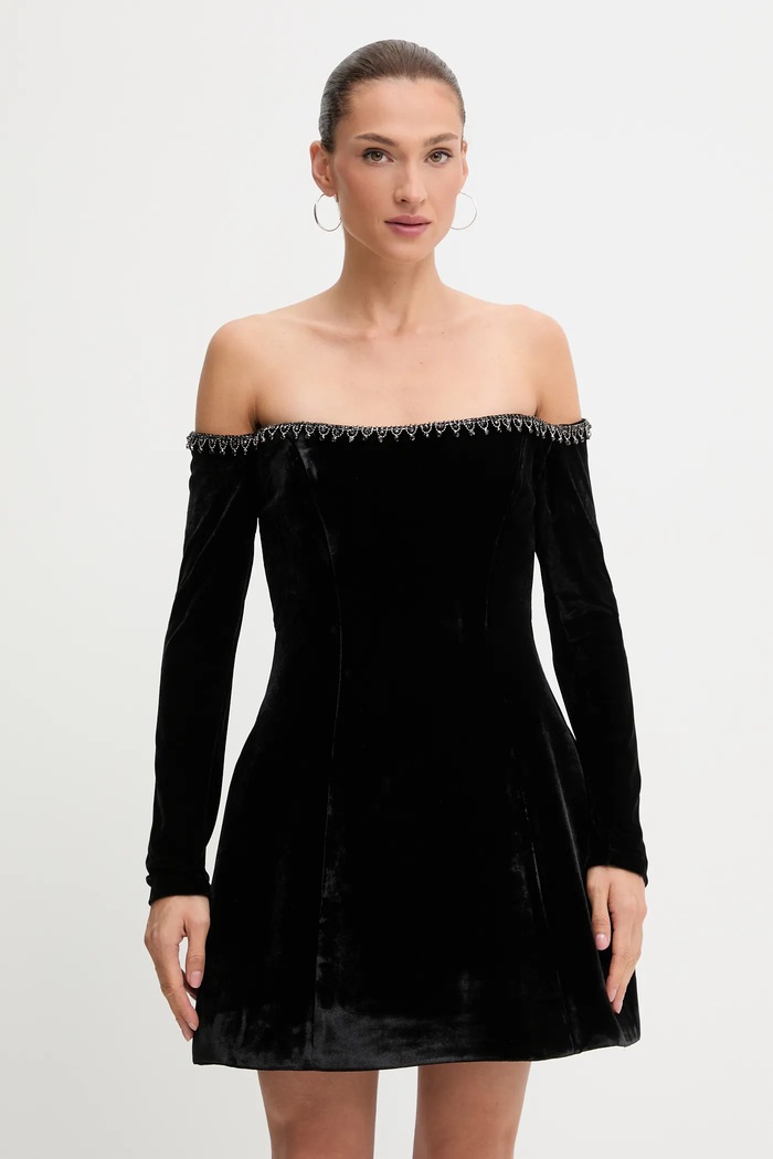 Bardot rochie de catifea mini negru 59528DB2
