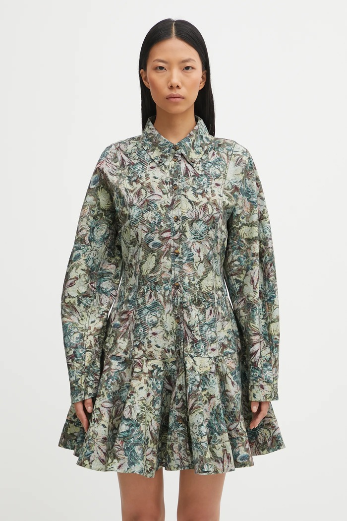 GANNI rochie Printed Stretch Cotton Buttoned Mini casual verde W1096