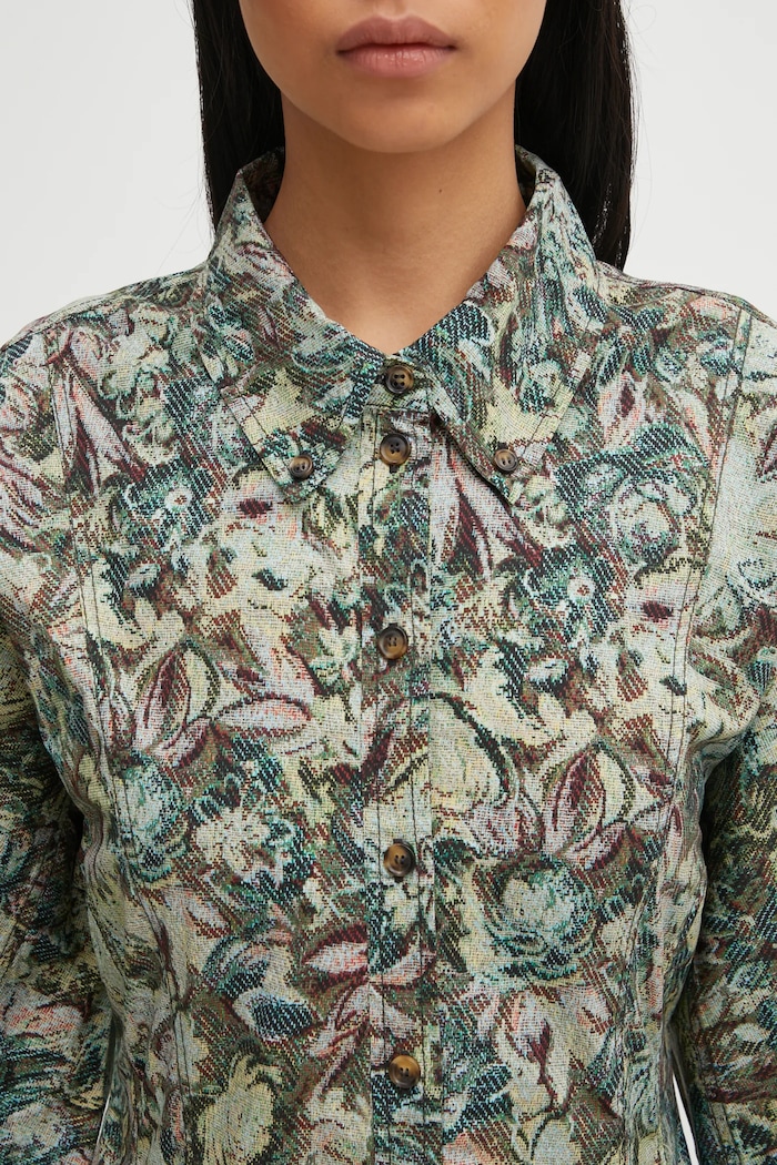 GANNI rochie Printed Stretch Cotton Buttoned Mini verde W1096
