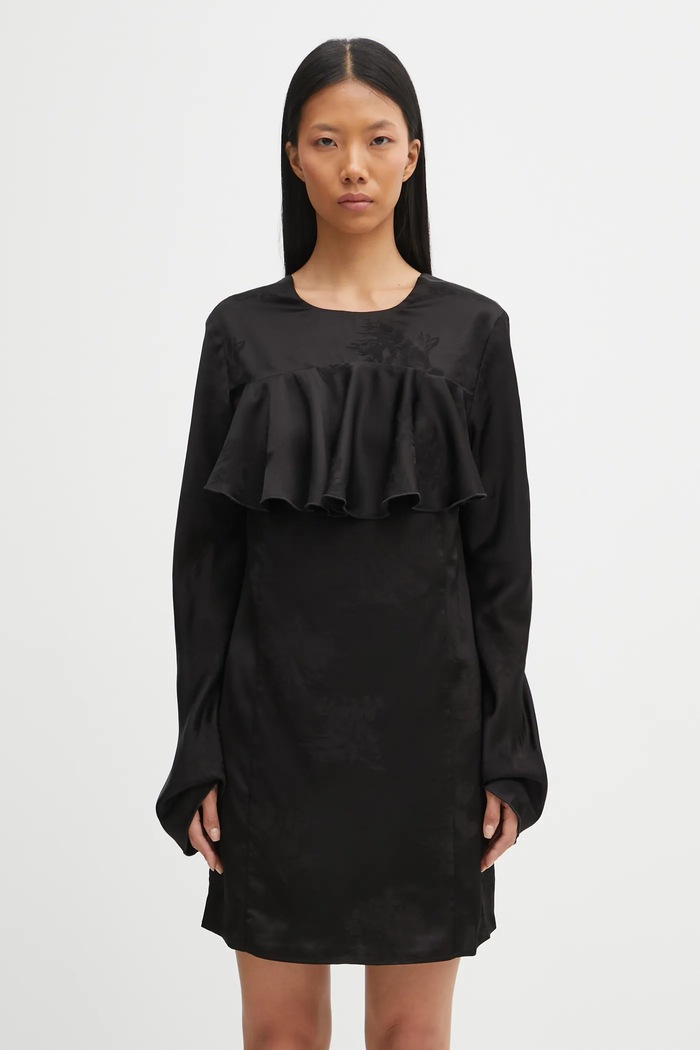 GANNI sukienka Fluid Satin Jacquard Mini Ruffle okrągły czarny W0792