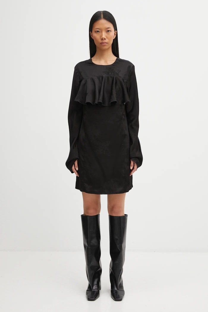 GANNI sukienka Fluid Satin Jacquard Mini Ruffle W0792 czarny