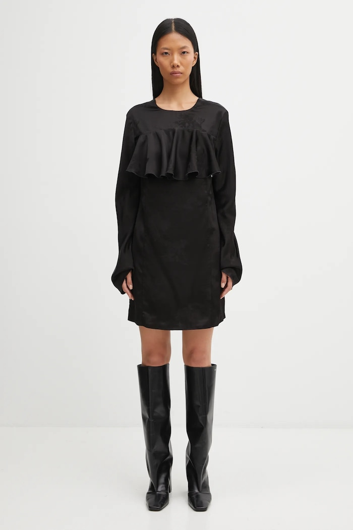 GANNI sukienka Fluid Satin Jacquard Mini Ruffle W0792 czarny