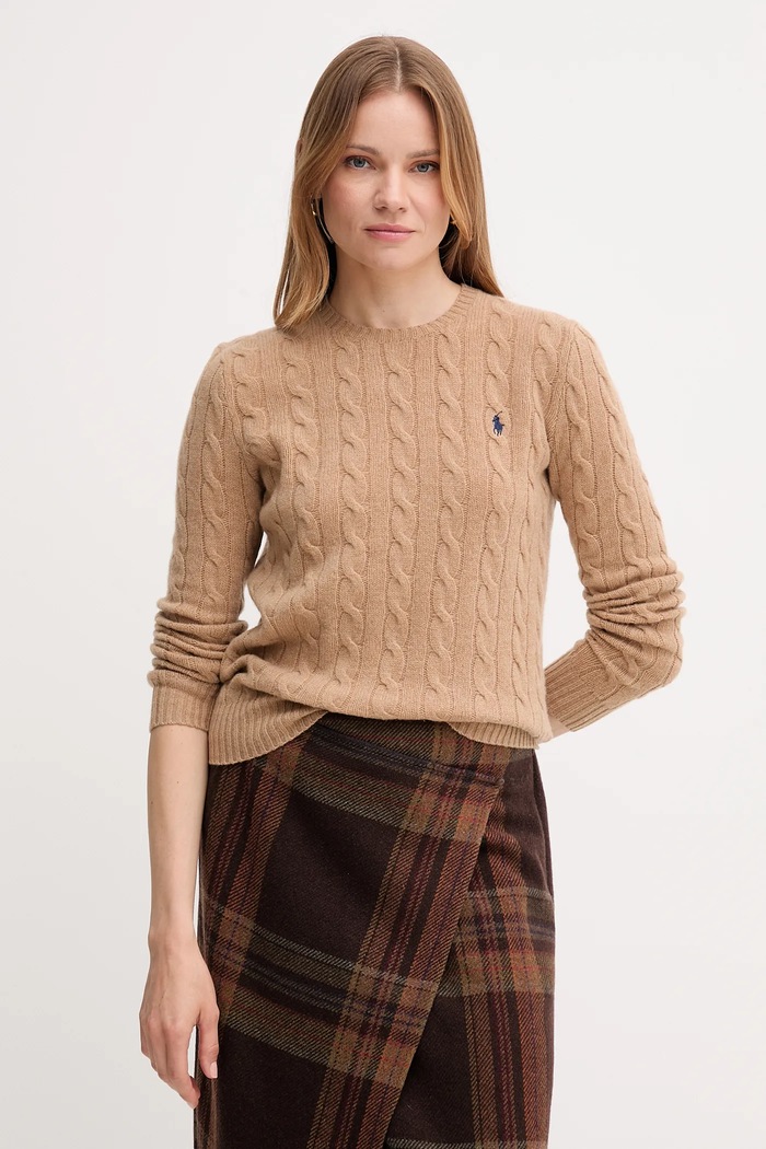 Polo Ralph Lauren pulover cu amestec de cașmir pentru femei rotund bej 211971865