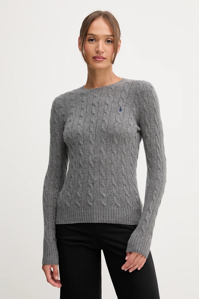 Polo Ralph Lauren sweter z dodatkiem kaszmiru damski okrągły szary 211971865