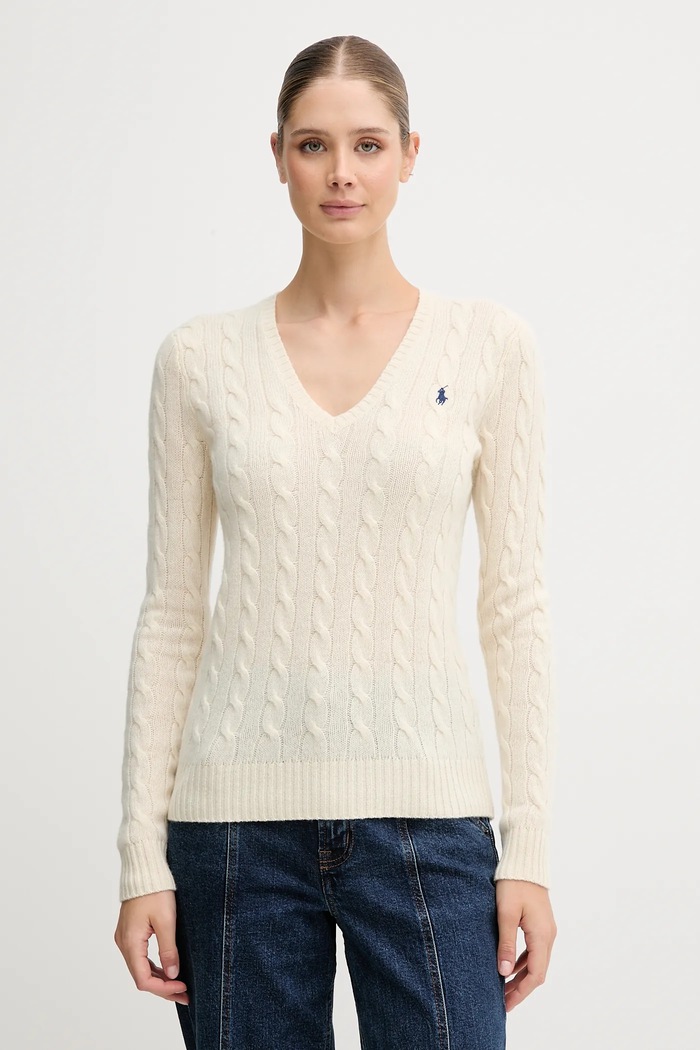 Polo Ralph Lauren пуловер дамски от вълна шпиц бежов 211971866