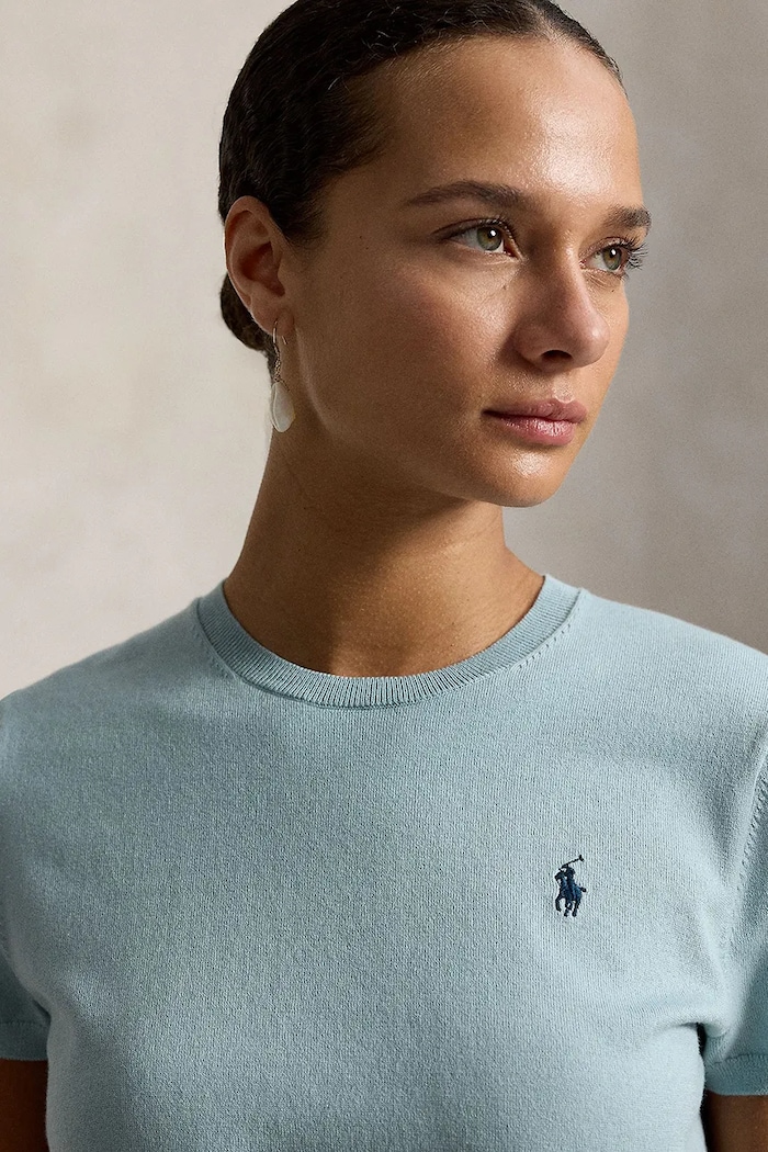 Polo Ralph Lauren pulover s kratkimi rokavi ženski z bombažem modra 211971872