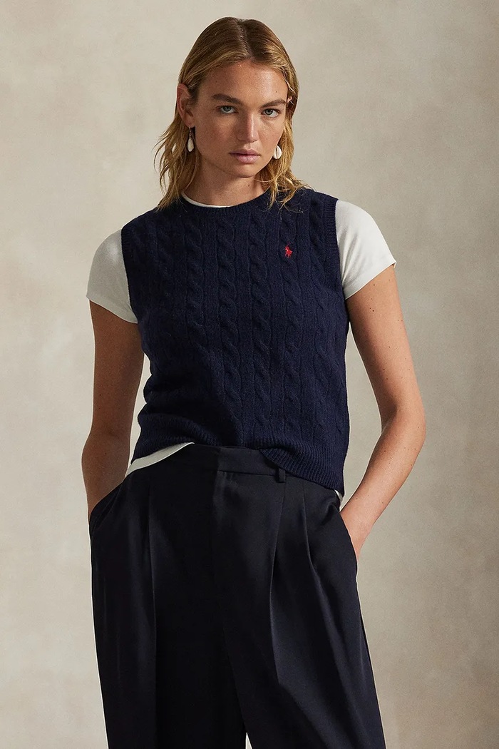 Κασμιρένιο γιλέκο Polo Ralph Lauren στρογγυλό σκούρο μπλε 211972134