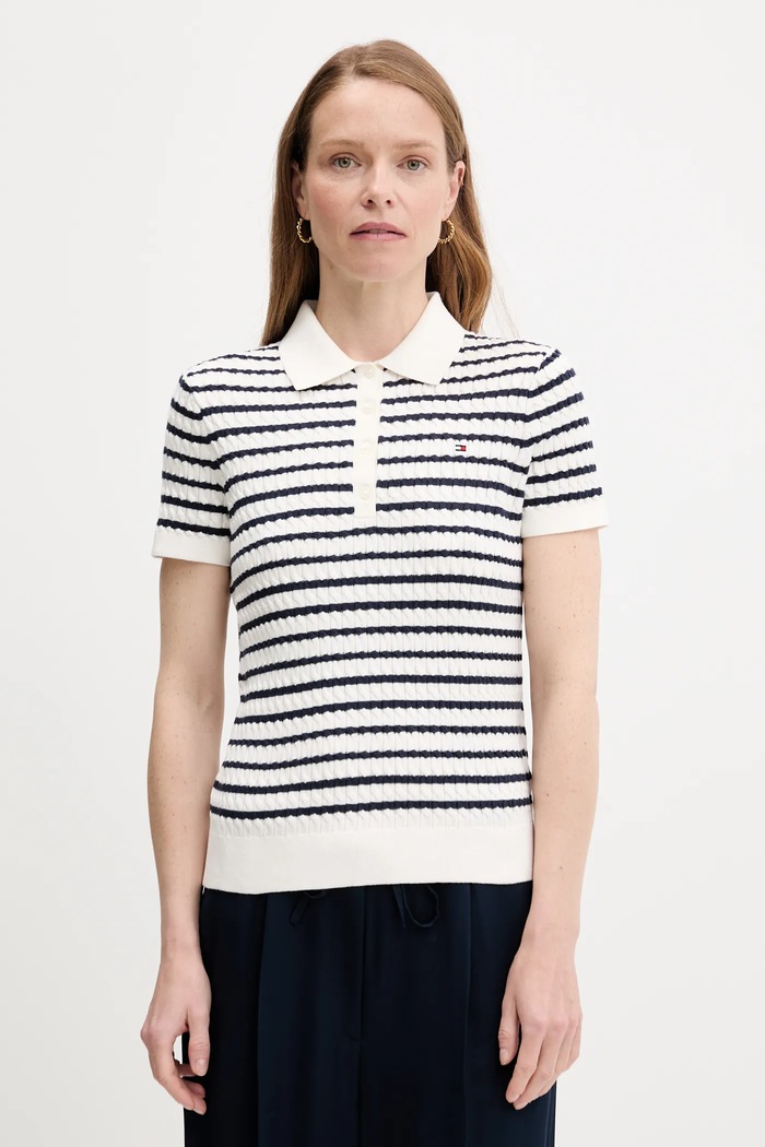 Tommy Hilfiger Πλεκτό μπλουζάκι πόλο γυναικείο βαμβακερό λευκό WW0WW41474