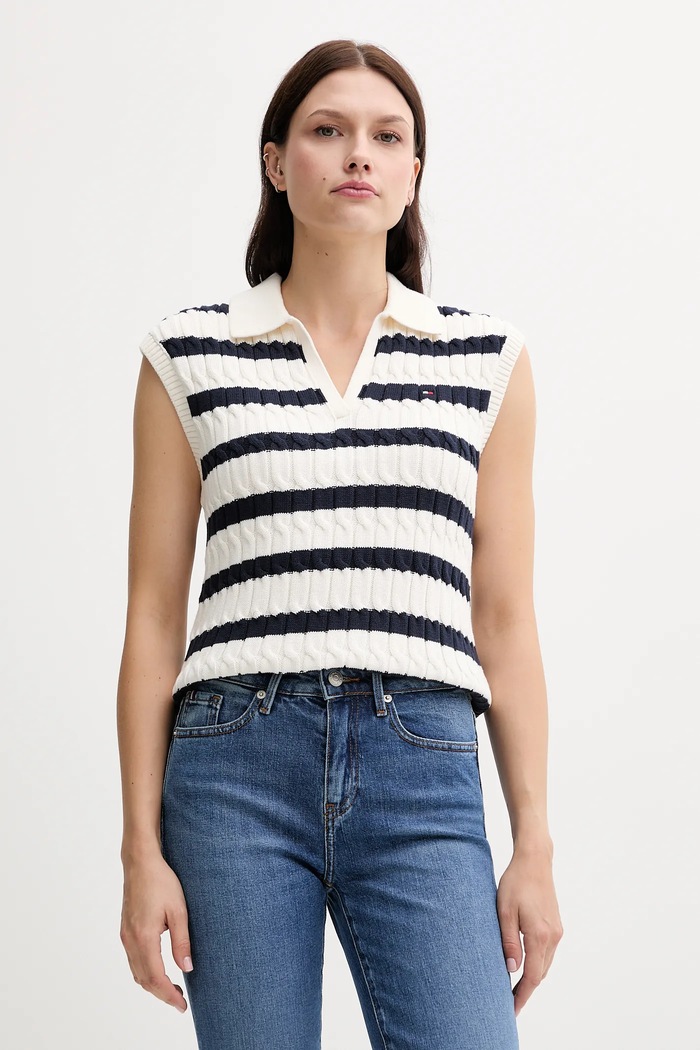 Bavlněná vesta Tommy Hilfiger V výstřih béžová WW0WW45655
