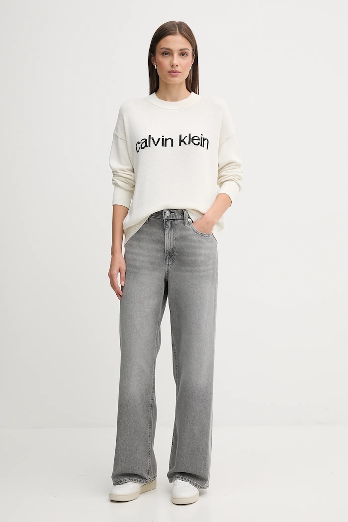 Calvin Klein Jeans sweter bawełniany LV047C311G beżowy AW25