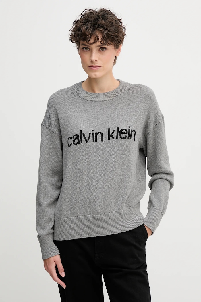 Bavlněný svetr Calvin Klein Jeans kulatý šedá LV047C311G