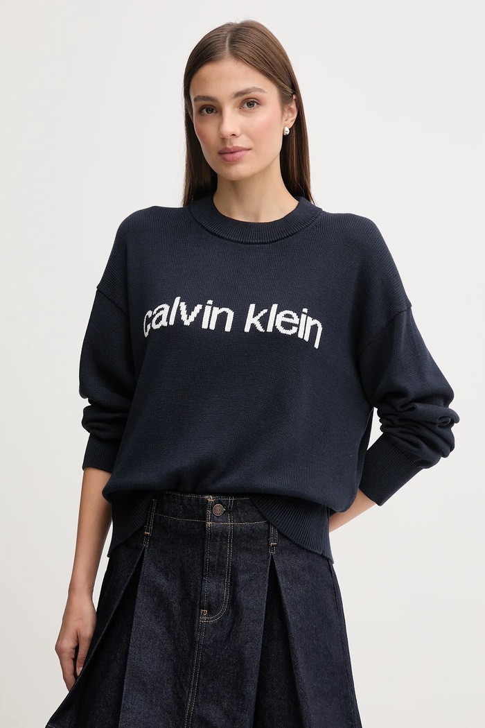 Bombažen pulover Calvin Klein Jeans Tanka mornarsko modra LV047C311G