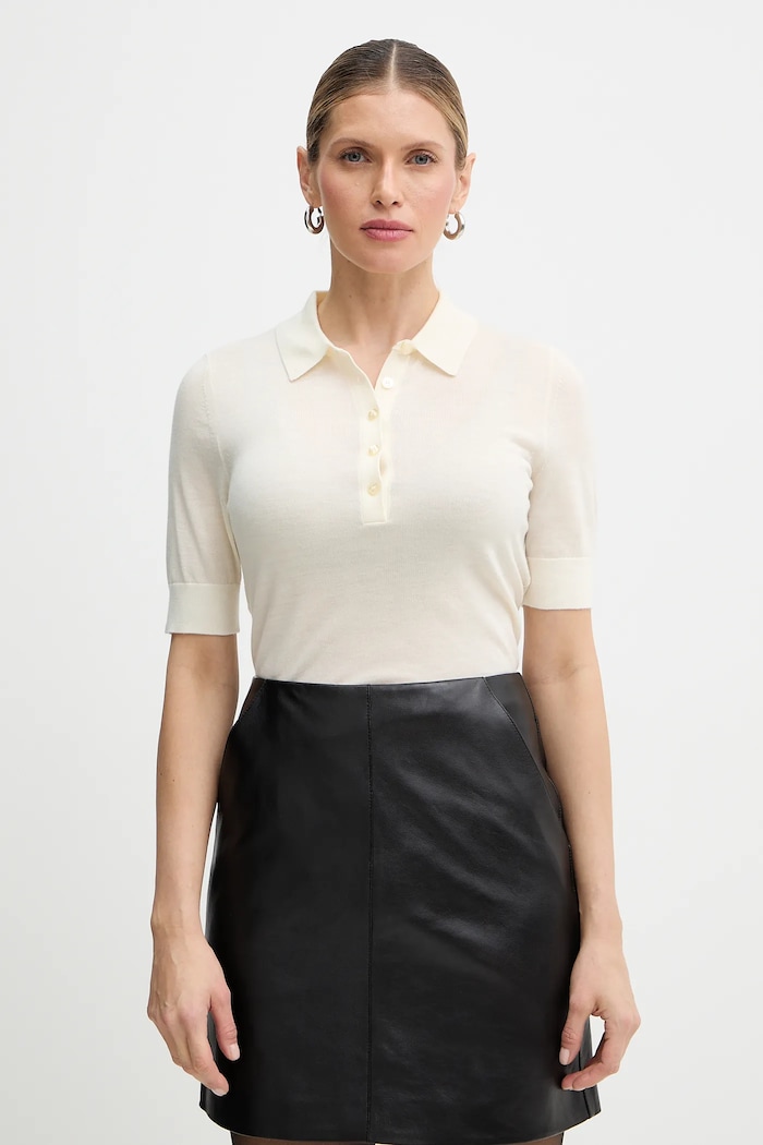 BOSS polo pentru femei din lână Fidenka fixat bej 50545015