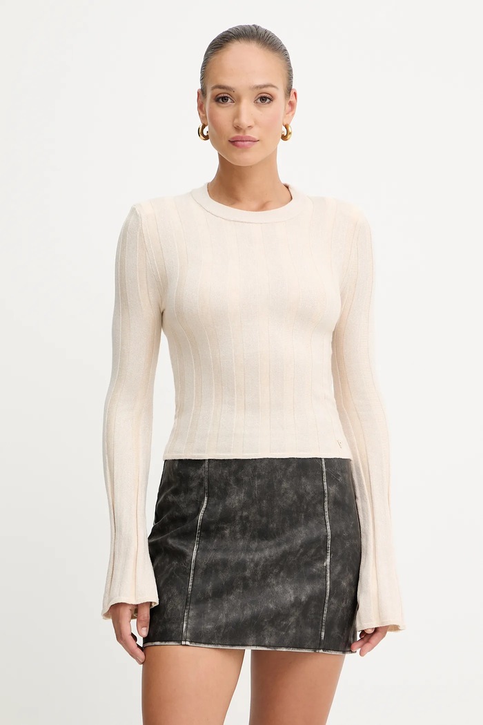 Guess sweter z domieszką wełny GEMMA okrągły beżowy W5YR13.Z3OT0