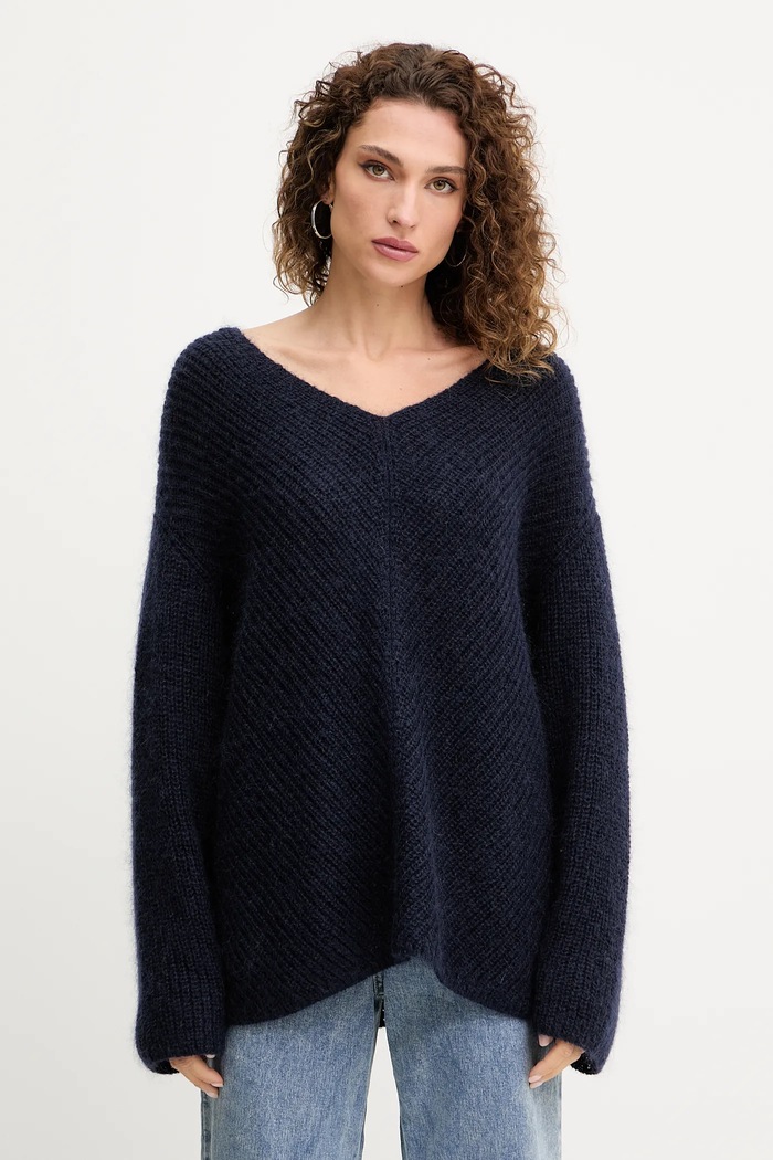 Pinko sweter wełniany szpic granatowy 105564.A2S5