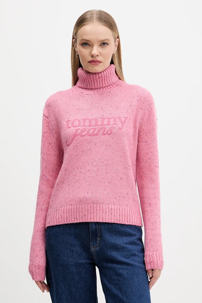 Sveter s prímesou vlny Tommy Jeans nášivka ružová DW0DW21687
