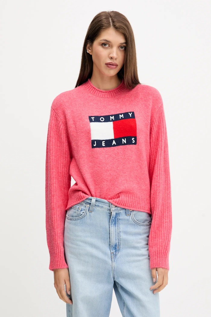 Tommy Jeans sweter z dodatkiem wełny okrągły różowy DW0DW21782