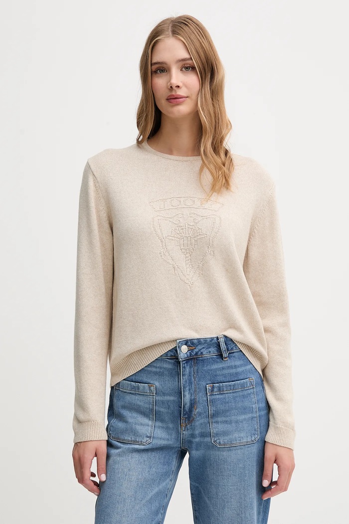 Joop! sweter z domieszką wełny okrągły beżowy 30047489