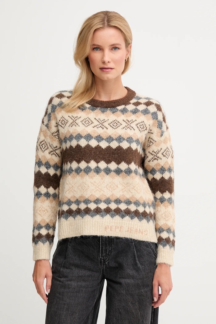 Pepe Jeans sweter z dodatkiem wełny okrągły brązowy PL7000039