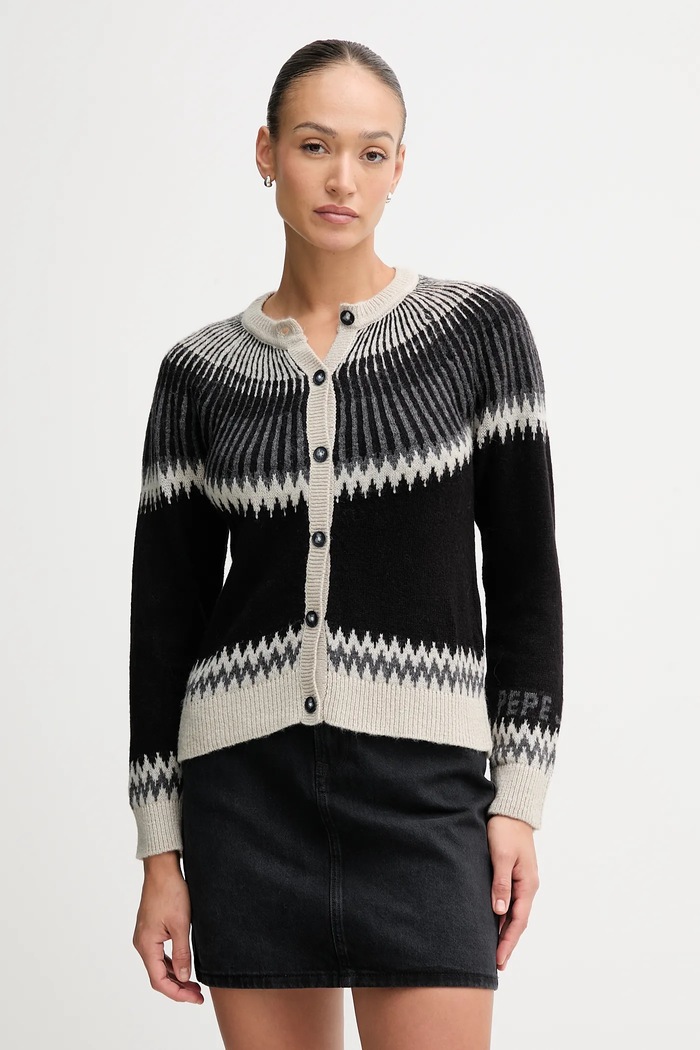 Pepe Jeans cardigan din amestec de lână cu modele negru PL7000048