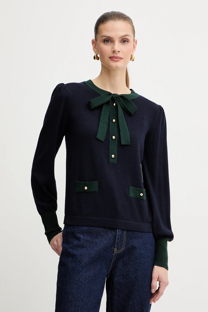 Luisa Spagnoli maglione in lana scollo allacciato blu navy 100211