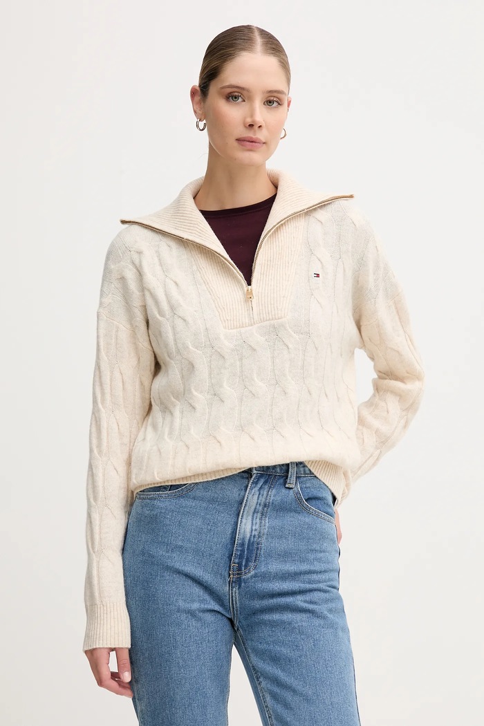 Vlnený sveter Tommy Hilfiger so zapínaním béžová WW0WW46425