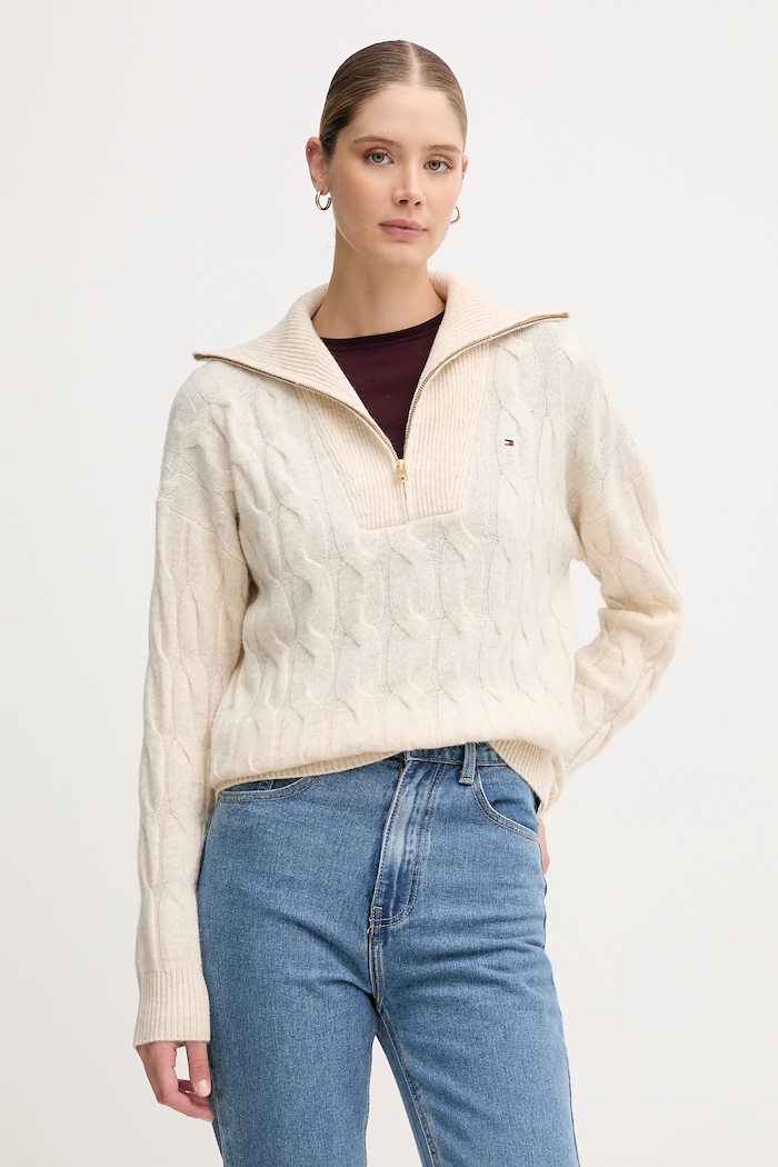 Vlnený sveter Tommy Hilfiger so zapínaním béžová WW0WW46425