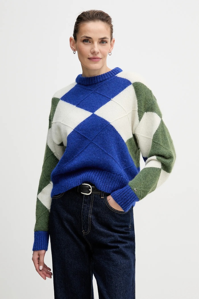 Sveter s prímesou alpaky Tommy Hilfiger okrúhly modrá WW0WW47464