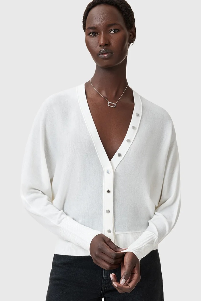 Vlnený kardigán AllSaints HONOR W002KD biela AW25