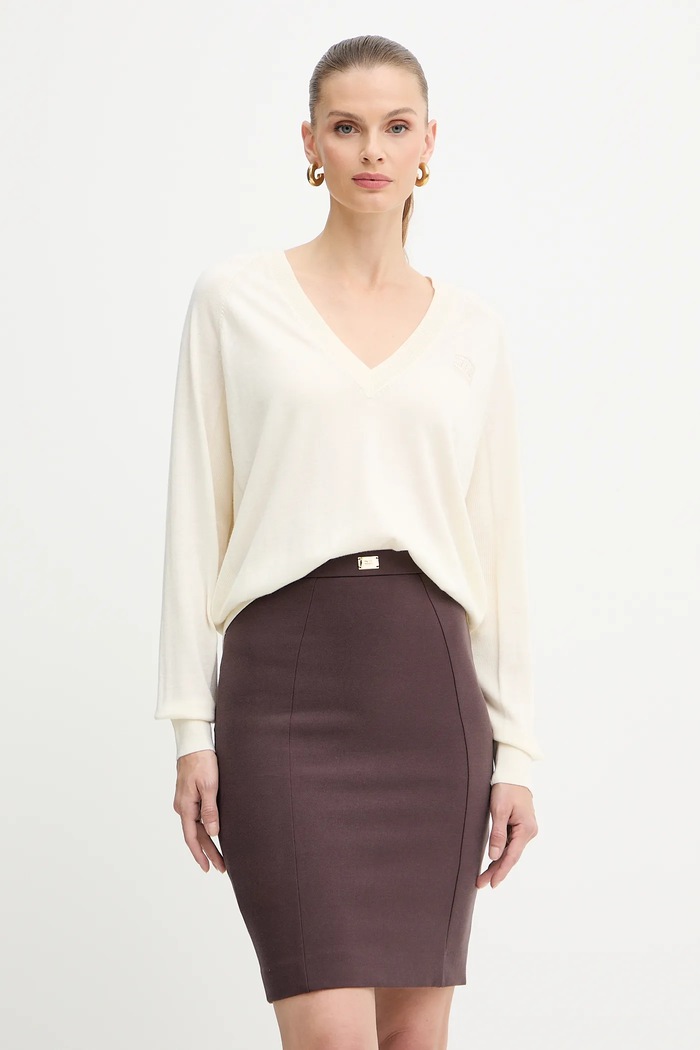 Elisabetta Franchi sweter z dodatkiem wełny szpic beżowy MK34S57E2
