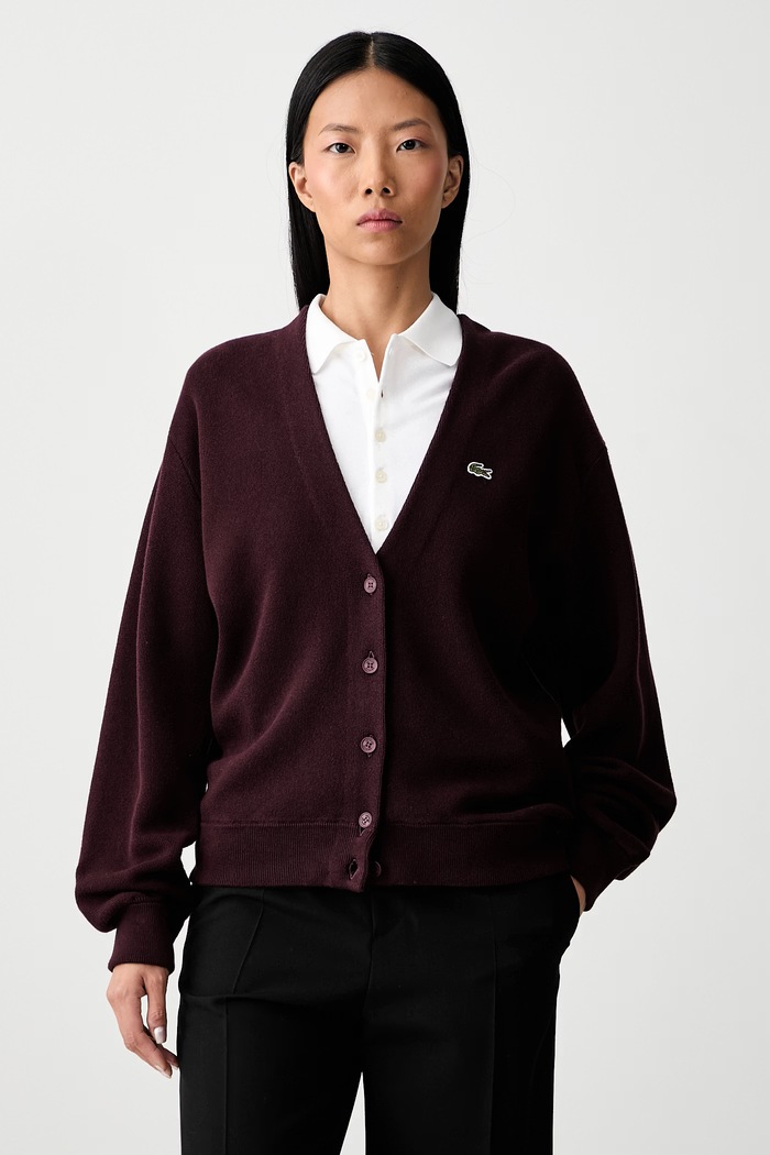 Lacoste kardigan z wełną damski bordowy AF4143