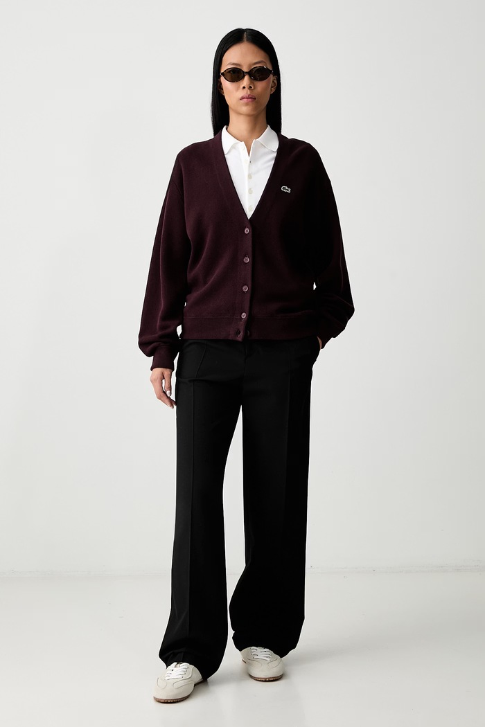 Lacoste kardigan z wełną damski AF4143 bordowy AW25