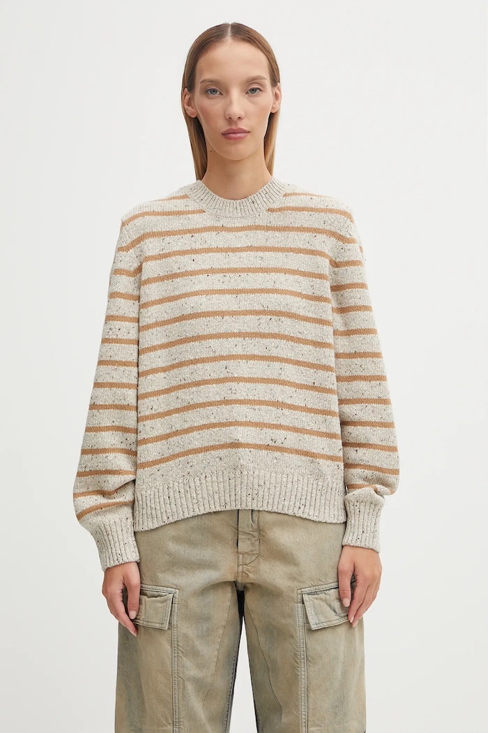 Barbour sweter z wełną Claydon Knitted Jumper okrągły beżowy LKN1665ST53