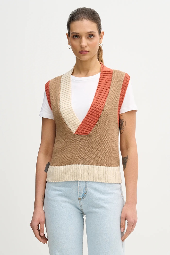 United Colors of Benetton mellény gyapjúkeverék mintás bézs 16YCE403M